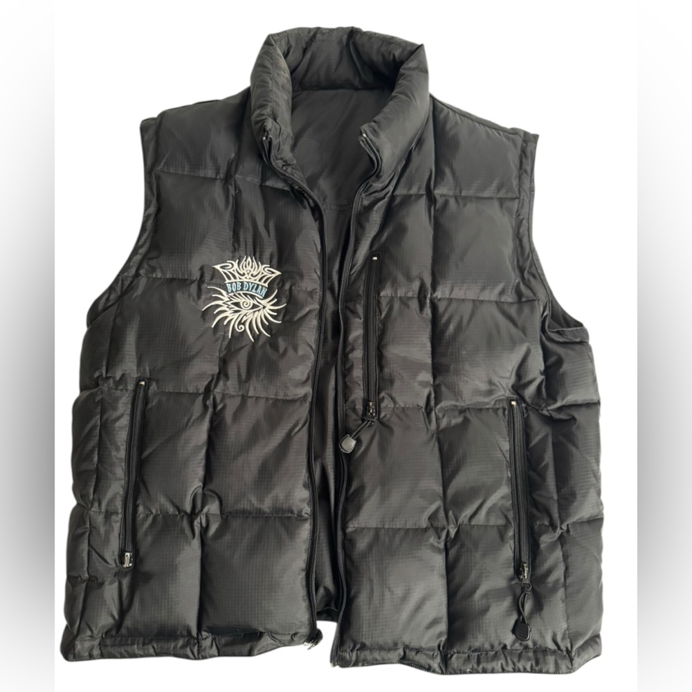 Vintage Official Bob Dylan 2008 Tour Black Puffer Vest with Embroidered Design!